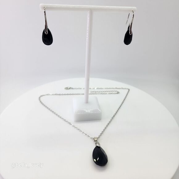 Faceted Teardrop Black Onyx Drop Dangle Earrings and Necklace Jewelry Set - Picture 1 of 7